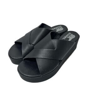 Sorel Women's 6.5 Cameron Flatform Mule Leather Sandals Black/Sea Salt